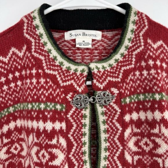 VTG Susan Bristol Cardigan Sweater S 100% Wool Red Nordic Fair Isle Knit - Picture 5 of 16
